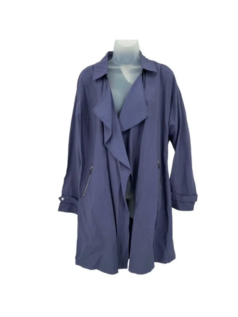 NWT Sebby Draped Open Front Trench Coat Women Large Blue Long Sleeve Jacket Hood